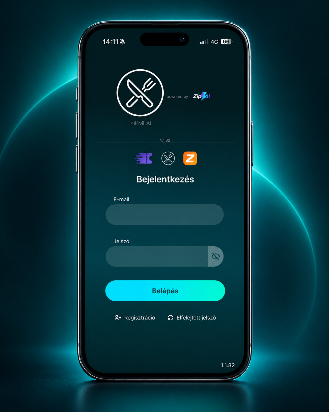 ZipMeal mobilalkalmazás bejelentkezési képernyő ZipAI integrációval